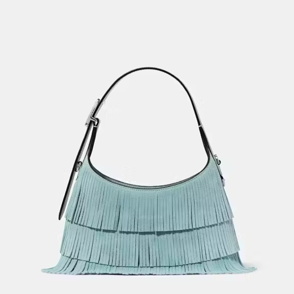 ♠️Kate Spade 454 Suede Fringe Mini Shoulder Crossbody Bag, Aventurine Blue NWT